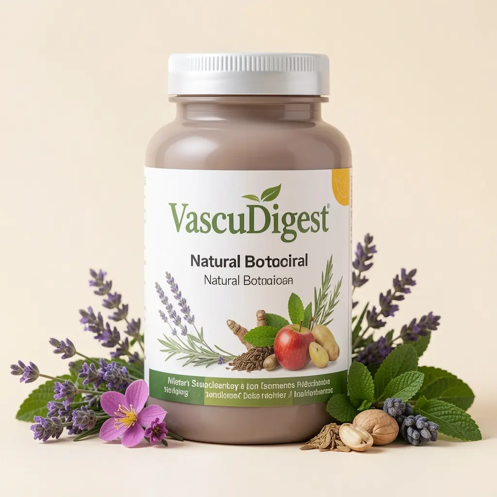 VascuDigest dietary supplement bottle with natural botanical ingredients on a light background
